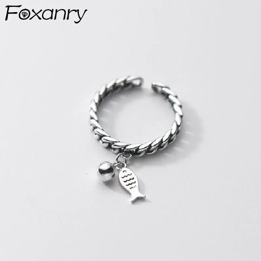 FOXANRY Silberfarbene Ringe für Frauen – Modischer Vintage-Stil, hohle Kettendesign, Fischanhänger, Thai-Silber, Schmuck-Geschenk