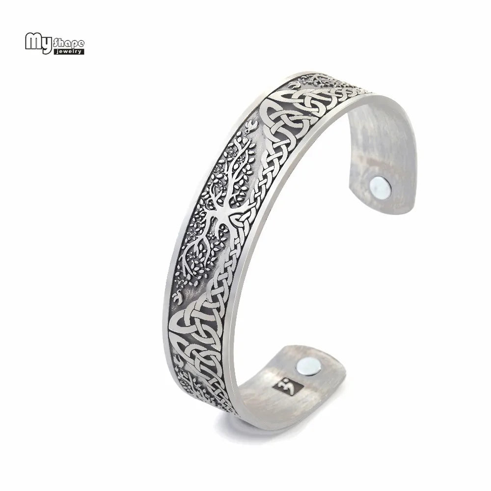 Silberbeschichtetes Armband Magnetische Armbänder Armreifen für Frauen Wikinger Offener Armreif Männer Baum des Lebens Gravierten Schmucks