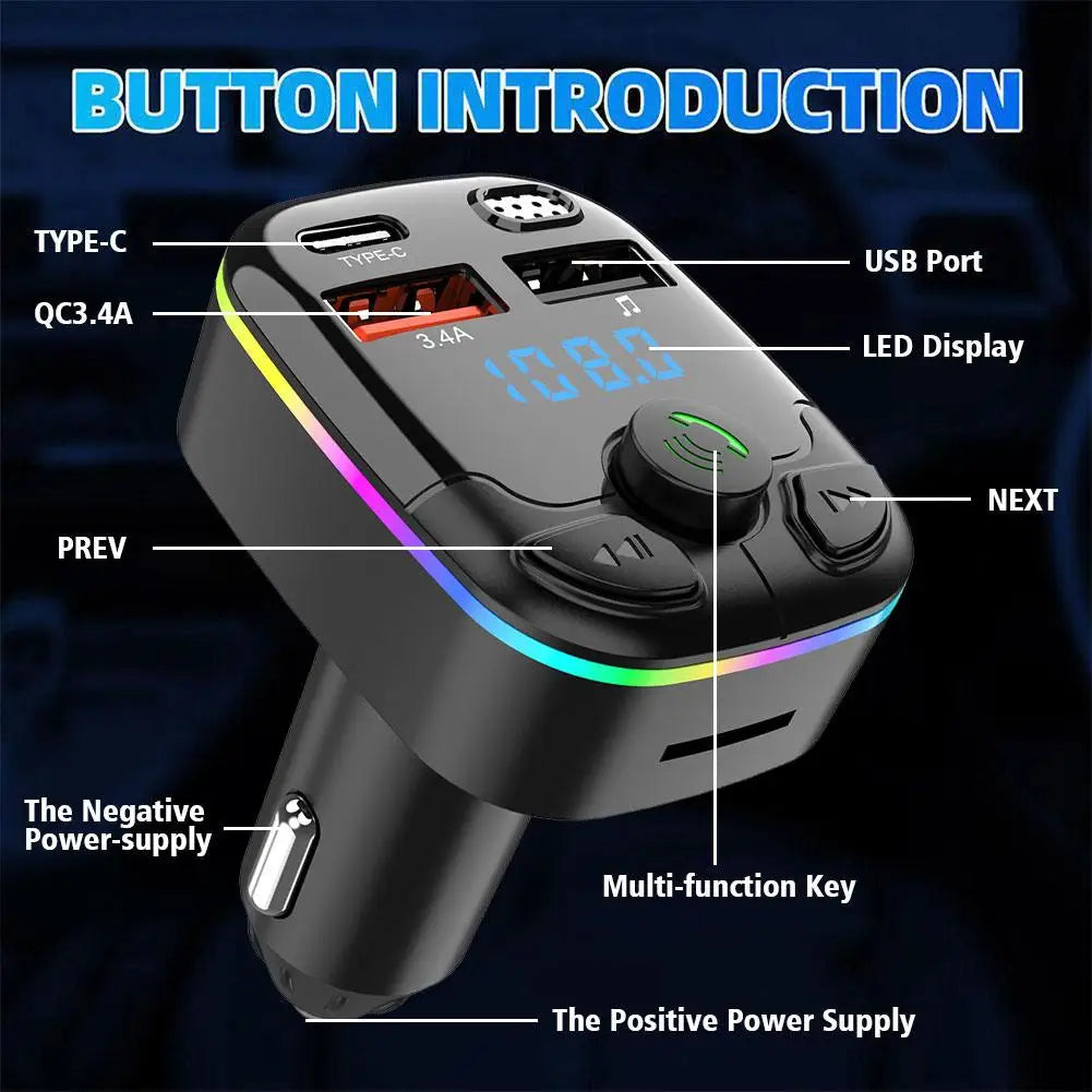 Bluetooth 5.0 Car FM Transmitter PD Type-C Dual USB Charger With Ambient Light Wireless Handsfree MP3 Player QC3.0 Type-C PD 18W