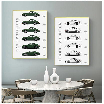 Die Evolution des 911 und Turbo abstrakte Leinwandmalerei – Bunte Auto-Poster, Wandkunst für ein stilvolles Zuhause