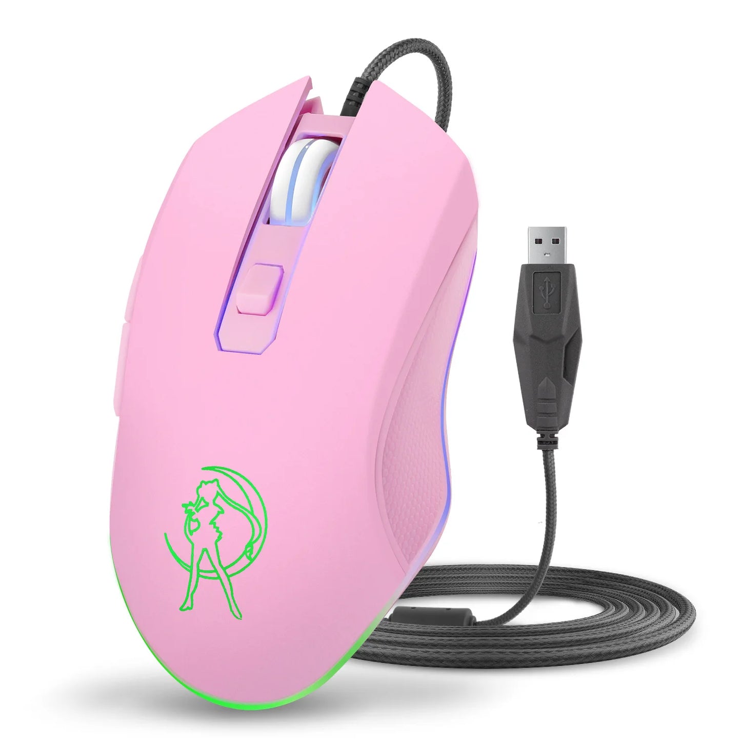 Wired Stille Maus farbenfrohe leuchtende rosa Gaming -Maus schöne Mädchen Stille Wired Maus 2400DPI Ergonomie für PC -Laptop