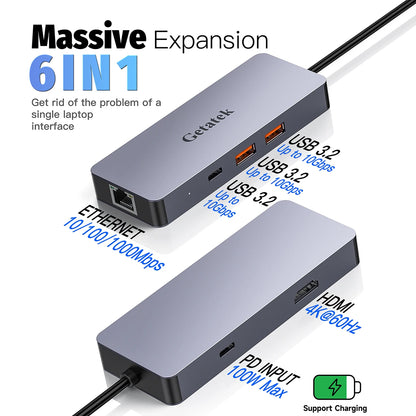 Getatek 6-in-1 USB C Hub 4K 60Hz HDMI Typ C zu Ethernet USB C PD 100W Aufladen USB 3.2 Hub für MacBook / Lenovo iPhone 15 Pro Max