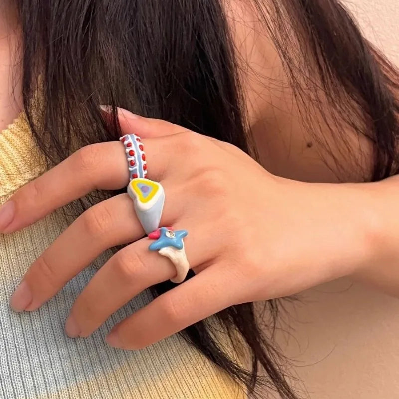 2023 Farbenfroher Emaille-Herzring – Trendiger geometrischer Y2K-Schmuck, für Frauen und Mädchen, lustiger Sommer-Chunky-Ring