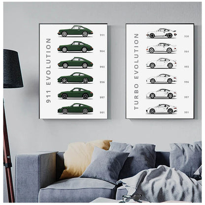 Die Evolution des 911 und Turbo abstrakte Leinwandmalerei – Bunte Auto-Poster, Wandkunst für ein stilvolles Zuhause