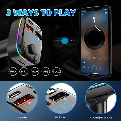 Bluetooth 5.0 Car FM Transmitter PD Type-C Dual USB Charger With Ambient Light Wireless Handsfree MP3 Player QC3.0 Type-C PD 18W