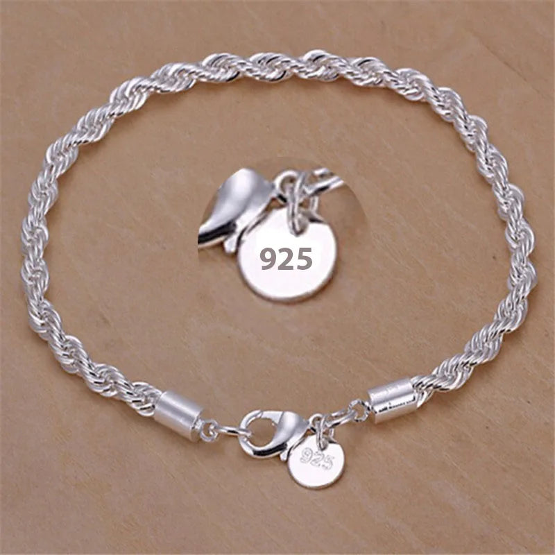 Neue hochwertige 925 Sterling Silber 4MM Frauen Männer Kette Männlich Twisted Rope Armbänder Mode Silber Schmuck