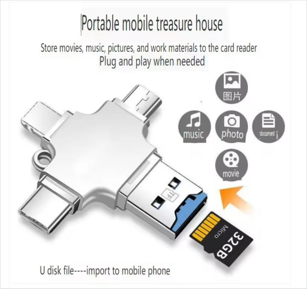 4-in-1 Memory Micro SD Kartenleser für iPhone, iPad, Android, Mac, PC und Kamera – USB-C, Lightning und Android Anschluss, tragbarer Kartenleser