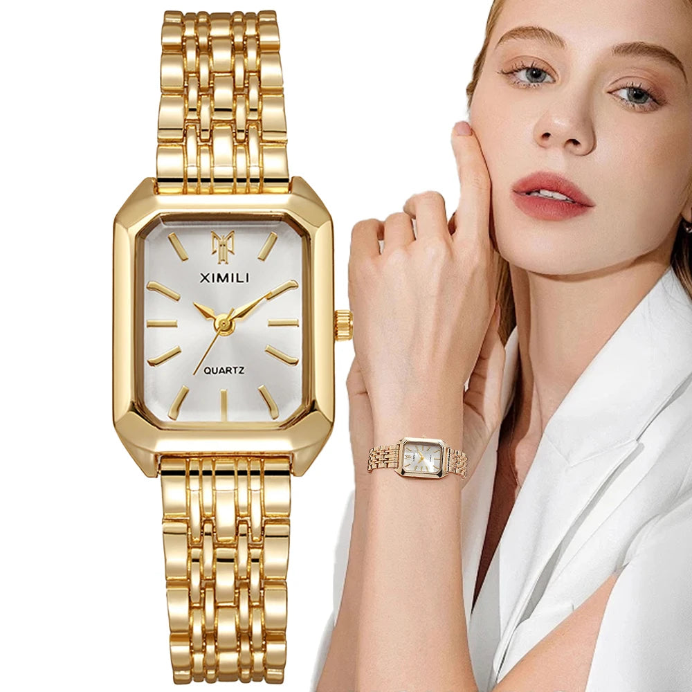 Damenuhr Luxus Gold Quadrat Einfache Luxus Quarzuhr Mode Edelstahl Damen Business Uhr Kleid Geschenk Uhren