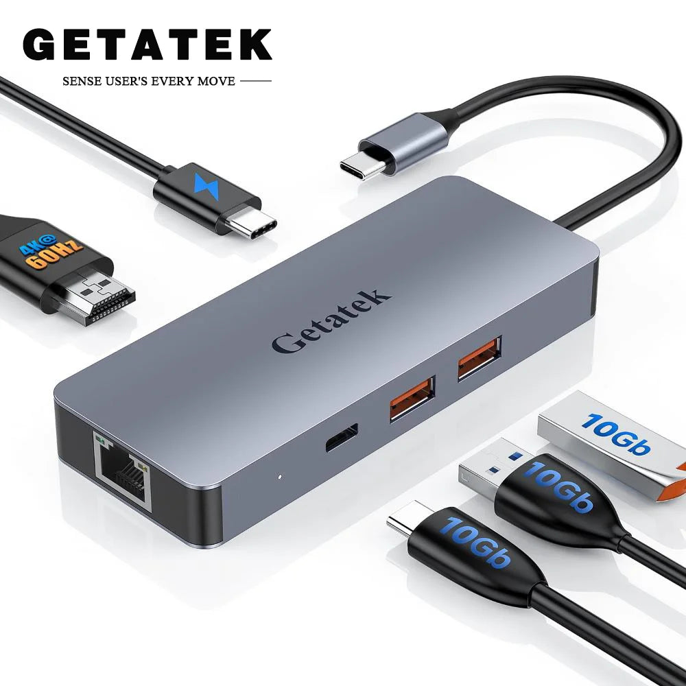 Getatek 6-in-1 USB C Hub 4K 60Hz HDMI Typ C zu Ethernet USB C PD 100W Aufladen USB 3.2 Hub für MacBook / Lenovo iPhone 15 Pro Max