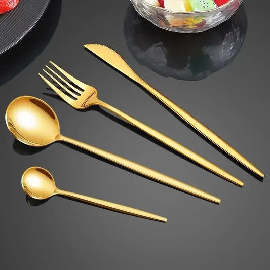 4-teiliges Goldenes Edelstahl-Besteckset – Messer, Gabel, Löffel, Tischbesteck, Flachbesteck-Set für Festlichkeiten, Küche und Dinner, Geschenkidee