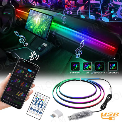 Vgetting 140 / 55,1-Zoll-Auto-Umgebungslichter 2in1 Universal-LED-Symphonie RGB-Atmosphärenlampe USB-APP-Fernbedienung für Tesla Model 3 Y S X