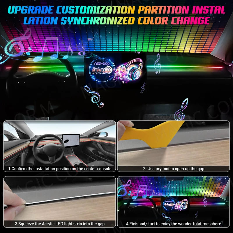 Vgetting 140 / 55,1-Zoll-Auto-Umgebungslichter 2in1 Universal-LED-Symphonie RGB-Atmosphärenlampe USB-APP-Fernbedienung für Tesla Model 3 Y S X