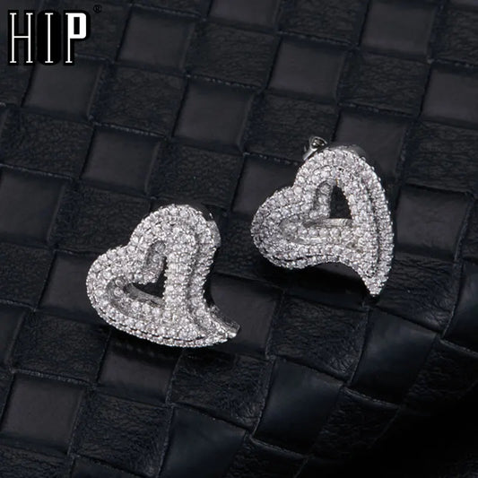 Hip Micro 1 Paar Herzform Pavé Baguette Zirkonia Stein Eis-out Stud CZ Ohrringe – Funkelnde Kupferohrringe für Frauen und Männer